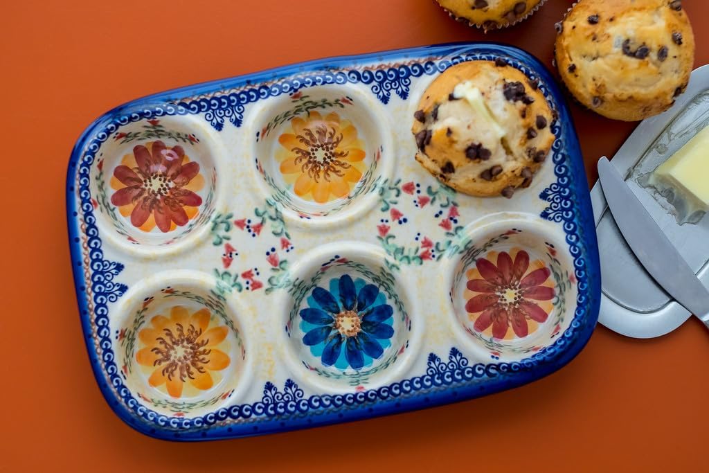 Blue Rose Polish Pottery - Orange Autumn Burst Muffin Pan - 12" x 8" - Ceramic Baking Dish, 6 - Cup Muffin & Cupcake Pan - cafe - crumble.com