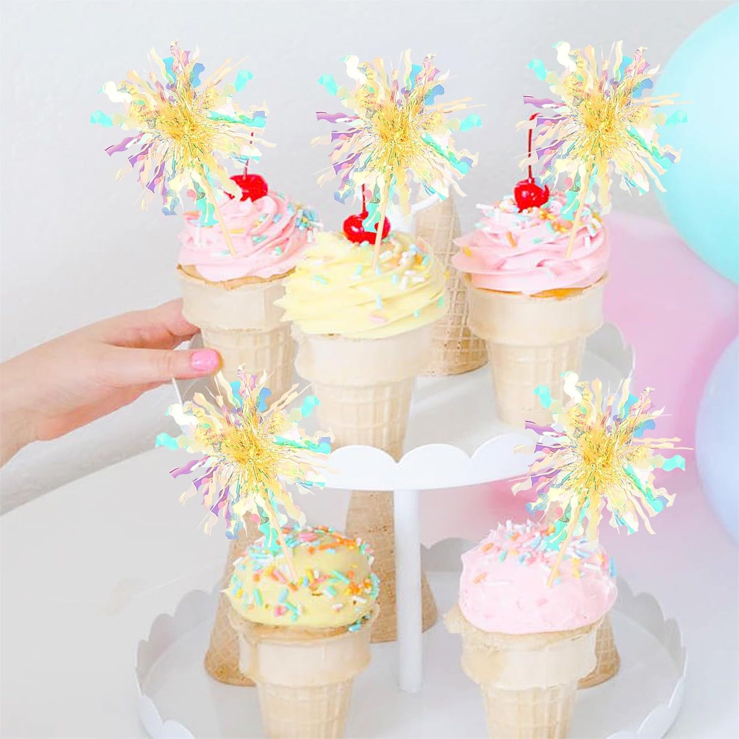 30 PCS Foil Firework Cupcake Toppers Sparkle Tinsel Cupcake Picks Happy Birthday Cake Decorations Drink Stirrers Cocktail Food Fruit Toothpicks for Baby Shower Graduation Party Supplies Yellow