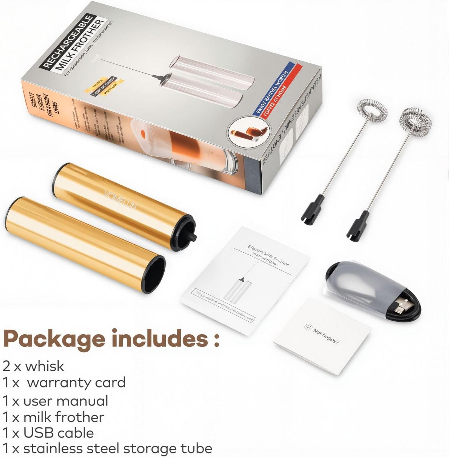 Rechargeable Milk Frother Handheld Electric Frother Wand Milk Foamer Drink Mixer for Coffee, Lattes, Cappuccino, and Egg, Stainless Steel for Travel - Golden - cafe - crumble.com