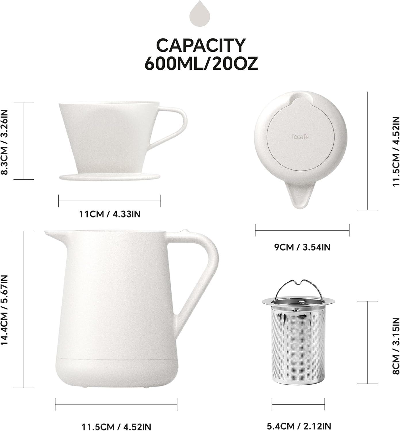 Ideus Insulated Pour Over Coffee Maker 20oz, Stainless Steel Coffee Pot Pour Over Set Camping Coffee Carafe BPA - Free with Dripper for Home, Office & Camping (White) - cafe - crumble.com