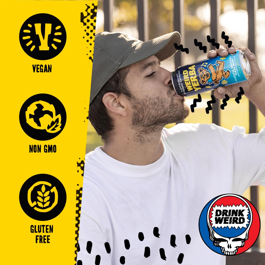 Drink Weird Organic Grateful Grapefruit Yerba Mate – 16oz Cans, 160mg Organic Caffeine, Pack of 12 – Grateful Dead Collab, Healthy Energy Drink Alternative