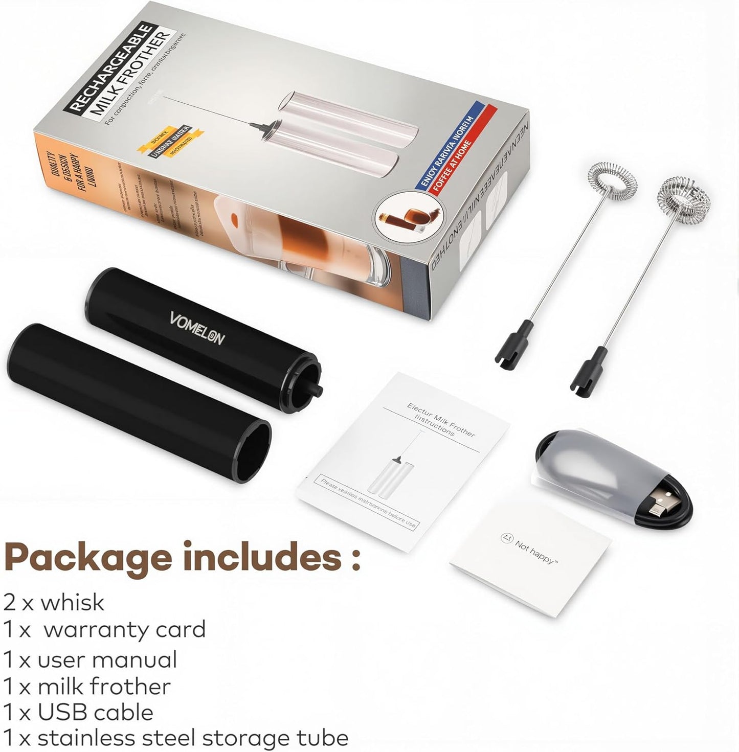 Rechargeable Milk Frother Handheld Electric Frother Wand Milk Foamer Drink Mixer for Coffee, Lattes, Cappuccino, and Egg, Stainless Steel for Travel - Black - cafe - crumble.com