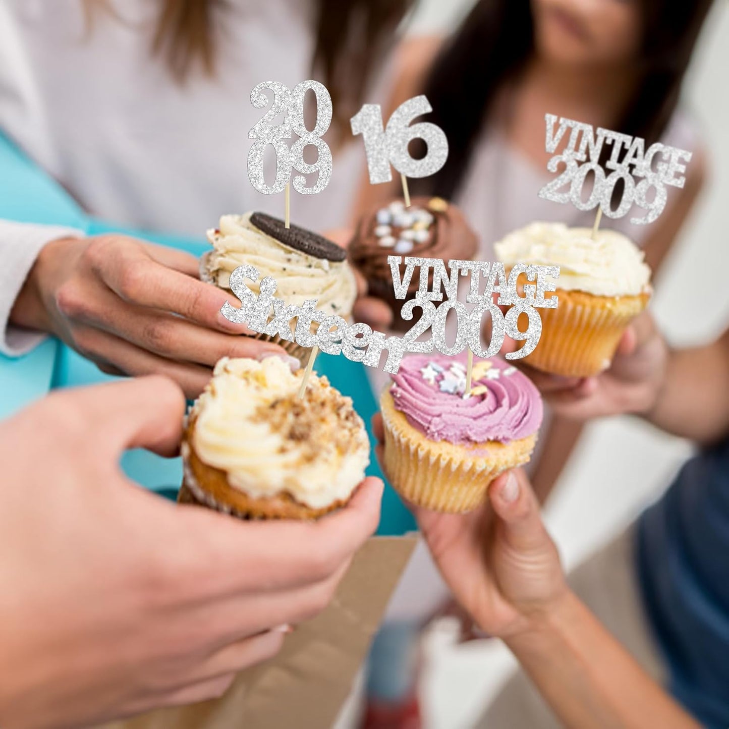 Gyufise 24Pcs 16th Birthday Cupcake Toppers Glitter Sixteen Vintage 2009 Hello 16 Years Birthday Cupcake Picks Sweet 16 Cake Decorations for Happy 16th Birthday Anniversary Party Supplies Silver