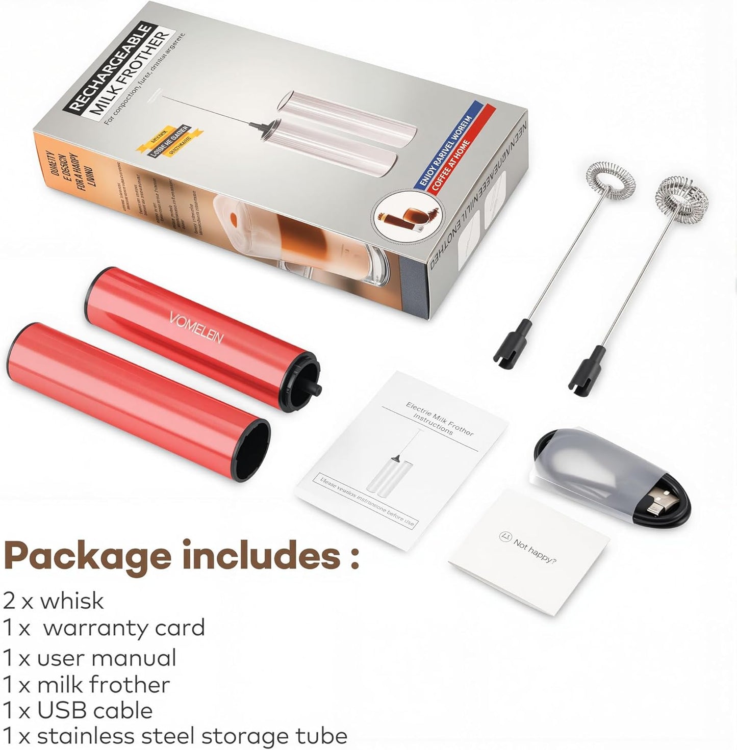 Rechargeable Milk Frother Handheld Electric Frother Wand Milk Foamer Drink Mixer for Coffee, Lattes, Cappuccino, and Egg, Stainless Steel for Travel - Rube Red - cafe - crumble.com