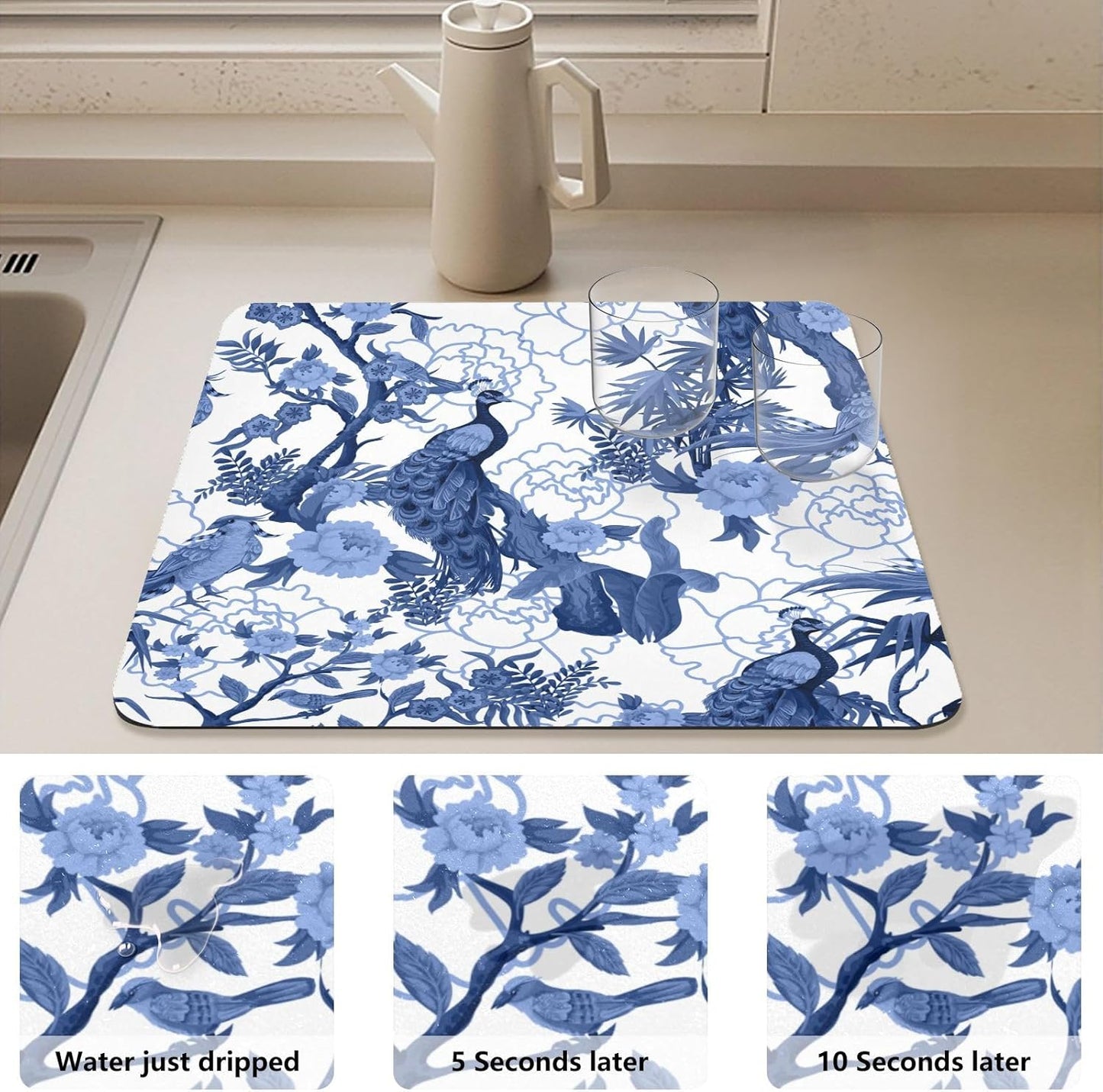 Dish Drying Mat for Kitchen Counter,Blue Peacocks Birds Dish Drying Pad with Non - slip Rubber Backed 19.7"x15.7" Hide Stain Anti Absorbent for Kitchen Counter, Drying Mat for Coffee Machine - cafe - crumble.com