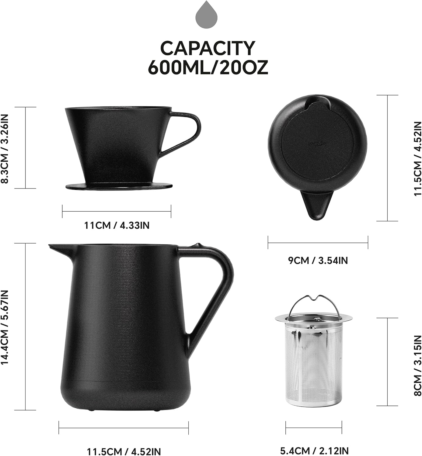 Ideus Insulated Pour Over Coffee Maker Set 20oz, Stainless Steel Coffee Pot Pour Over Set Camp Coffee Carafe BPA - Free with Dripper and Tea Infuser for Home, Office & Camping (Black) - cafe - crumble.com