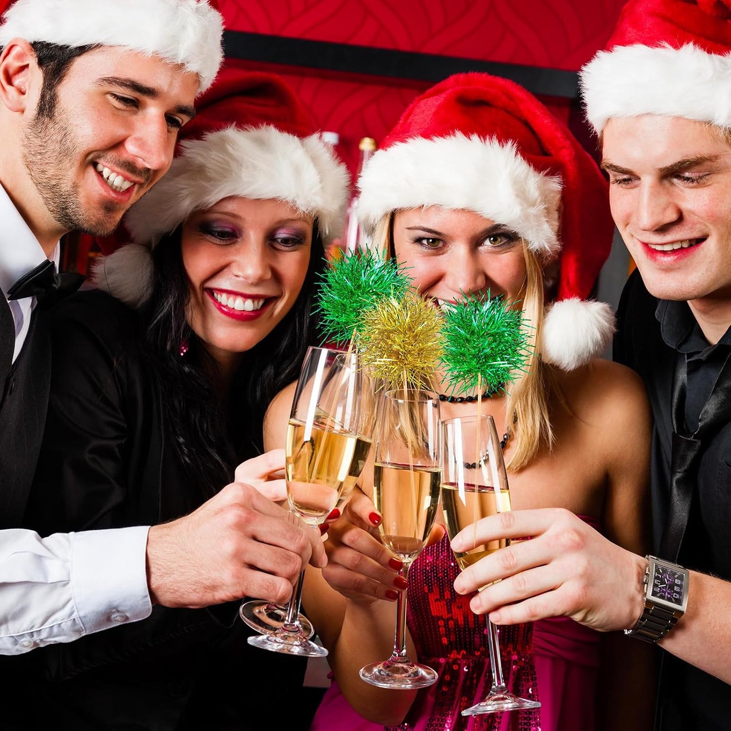 Chinco 100 Pcs Foil Firework Cupcake Toppers Sparkle Tinsel Cake Toppers Cake Decoration Cocktail Fruit Toothpick for Birthday Wedding Graduation Party(Green, Gold)