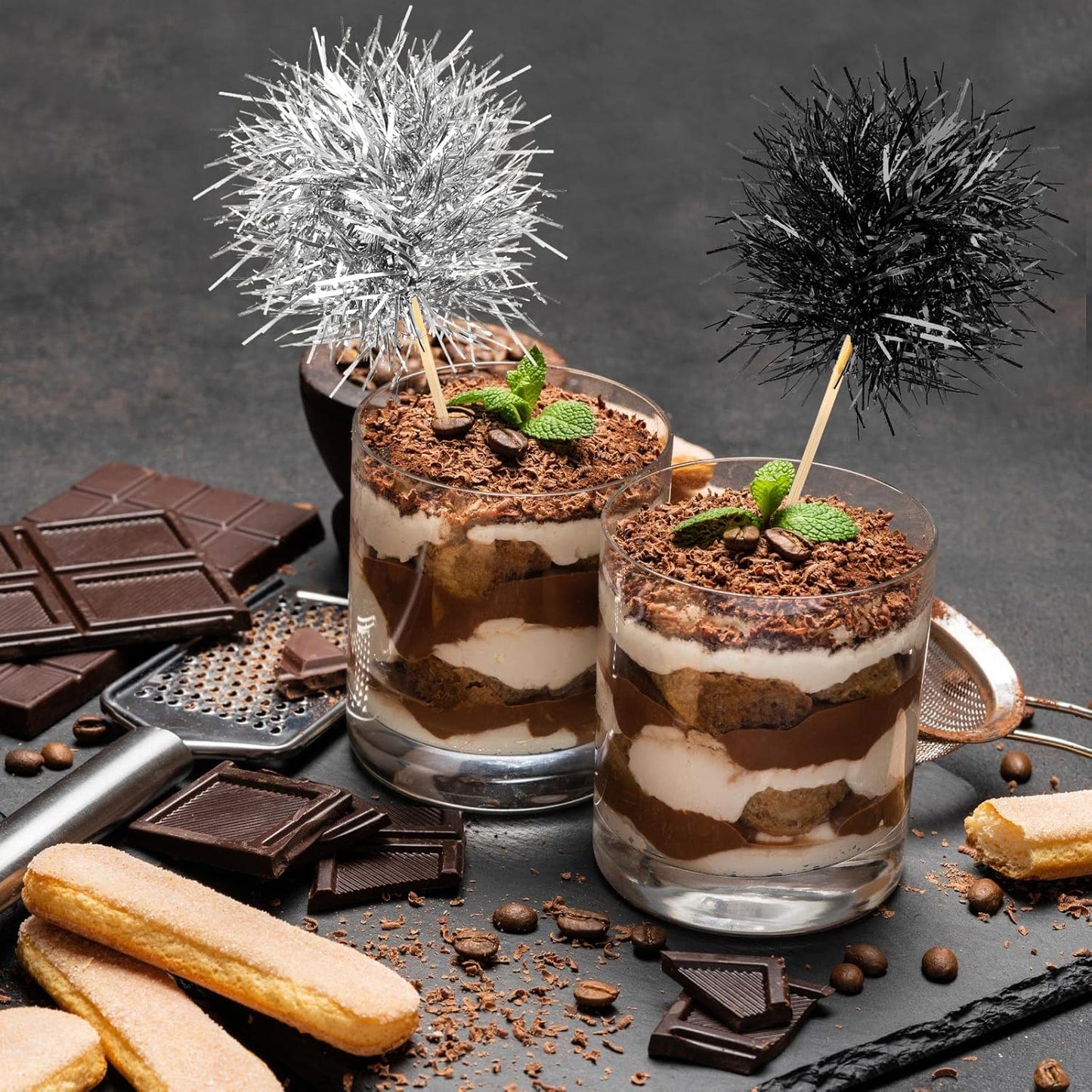 Chinco 100 Pcs Foil Firework Cupcake Toppers Sparkle Tinsel Cake Toppers Cake Decoration Cocktail Fruit Toothpick for Birthday Wedding Graduation Party(Silver, Black)