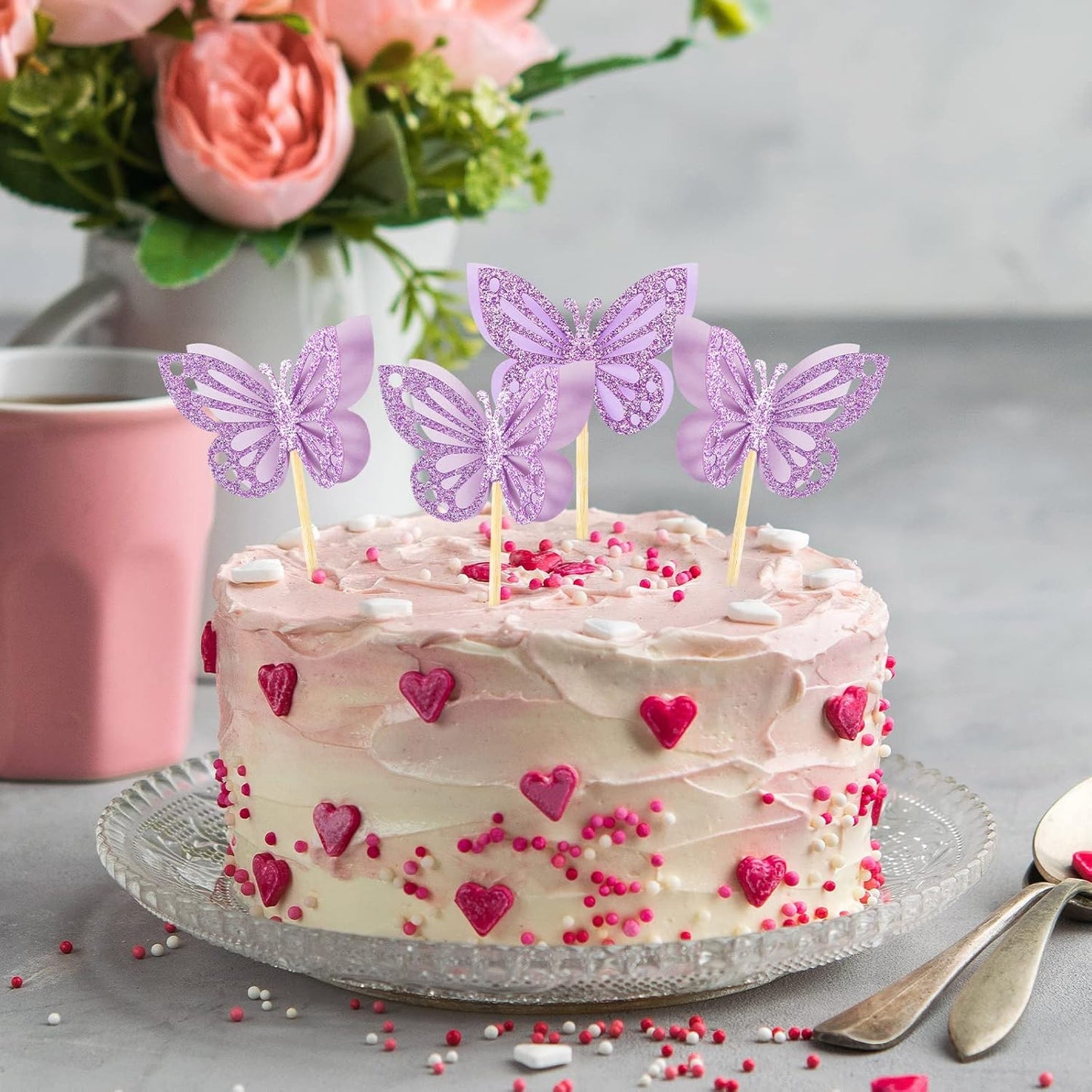 Chinco 48 Pcs Butterfly Cupcake Toppers Assembled Double Layer Cupcake Topper 3D Glitter Cake Topper Butterfly Cocktail Pick Decoration for Baby Shower Birthday Wedding(Purple,Classic Style)