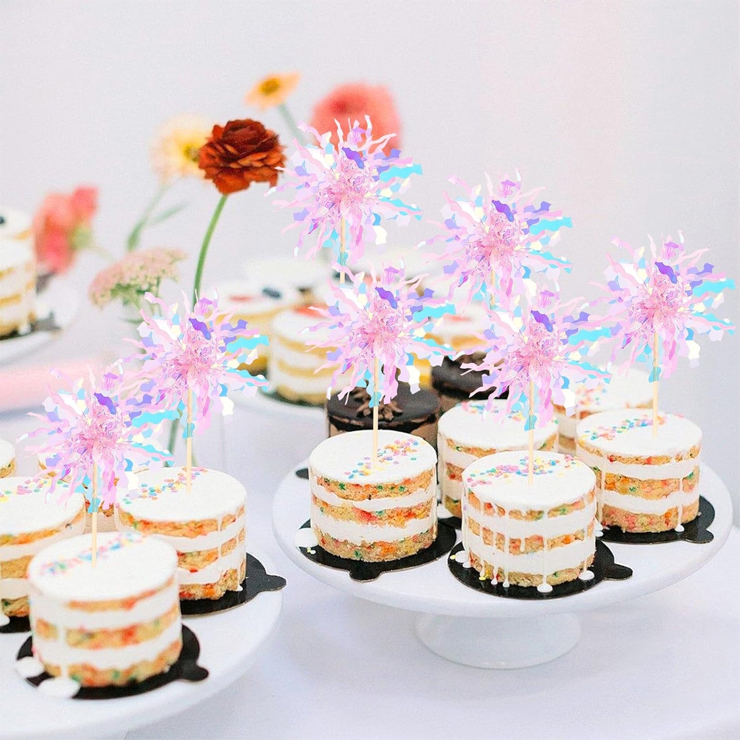30 PCS Foil Firework Cupcake Toppers Sparkle Tinsel Cupcake Picks Happy Birthday Cake Toppers Drink Stirrers Cocktail Food Fruit Toothpicks for Baby Shower Wedding Party Decorations Supplies Pink