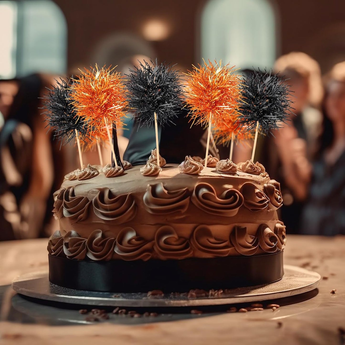 Chinco 100 Pcs Foil Firework Cupcake Toppers Sparkle Tinsel Cake Toppers Cake Decoration Cocktail Fruit Toothpick for Birthday Wedding Graduation Party(Orange, Black)