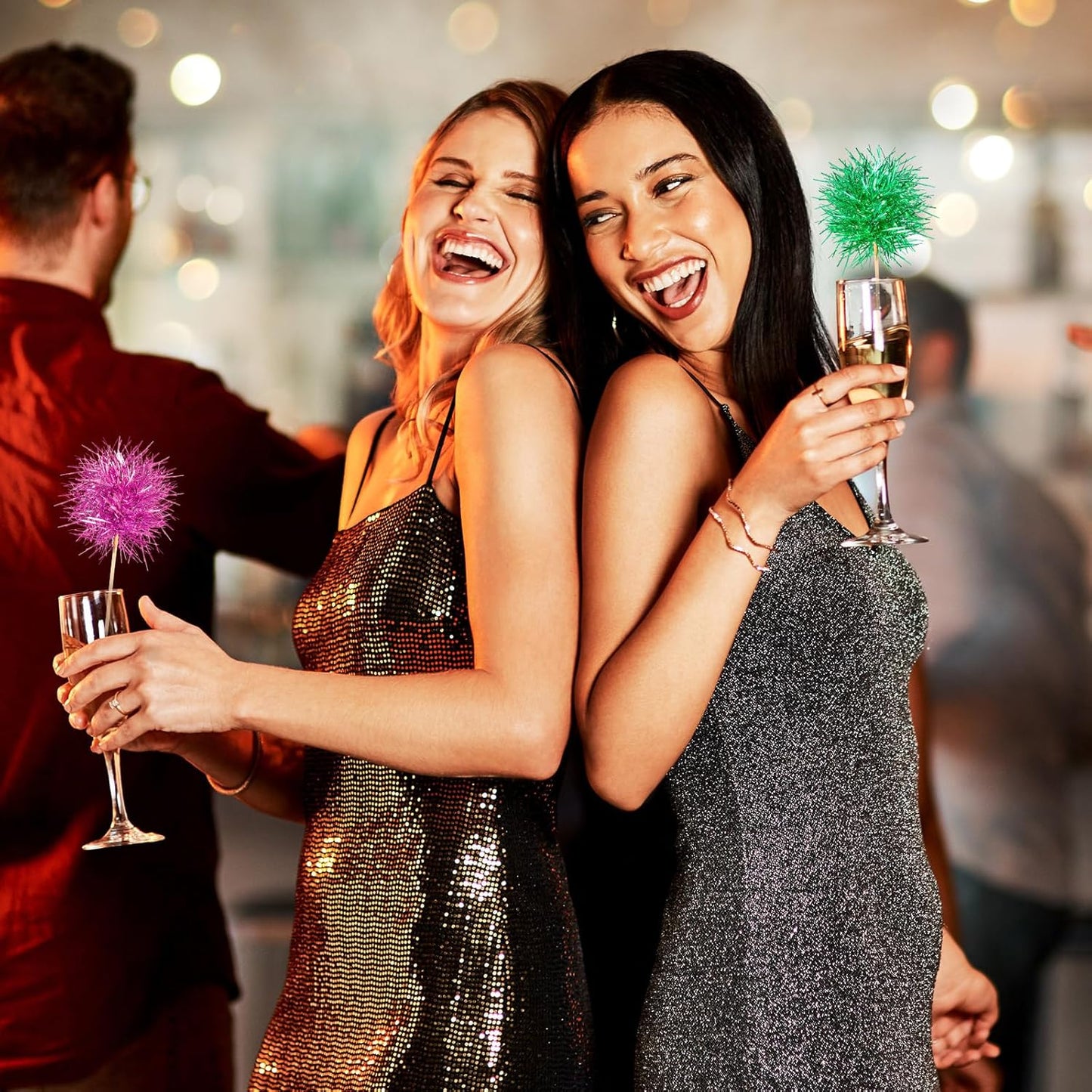 Chinco 100 Pcs Foil Firework Cupcake Toppers Sparkle Tinsel Cake Toppers Cake Decoration Cocktail Fruit Toothpick for Birthday Wedding Graduation Party(Pink, Gold)