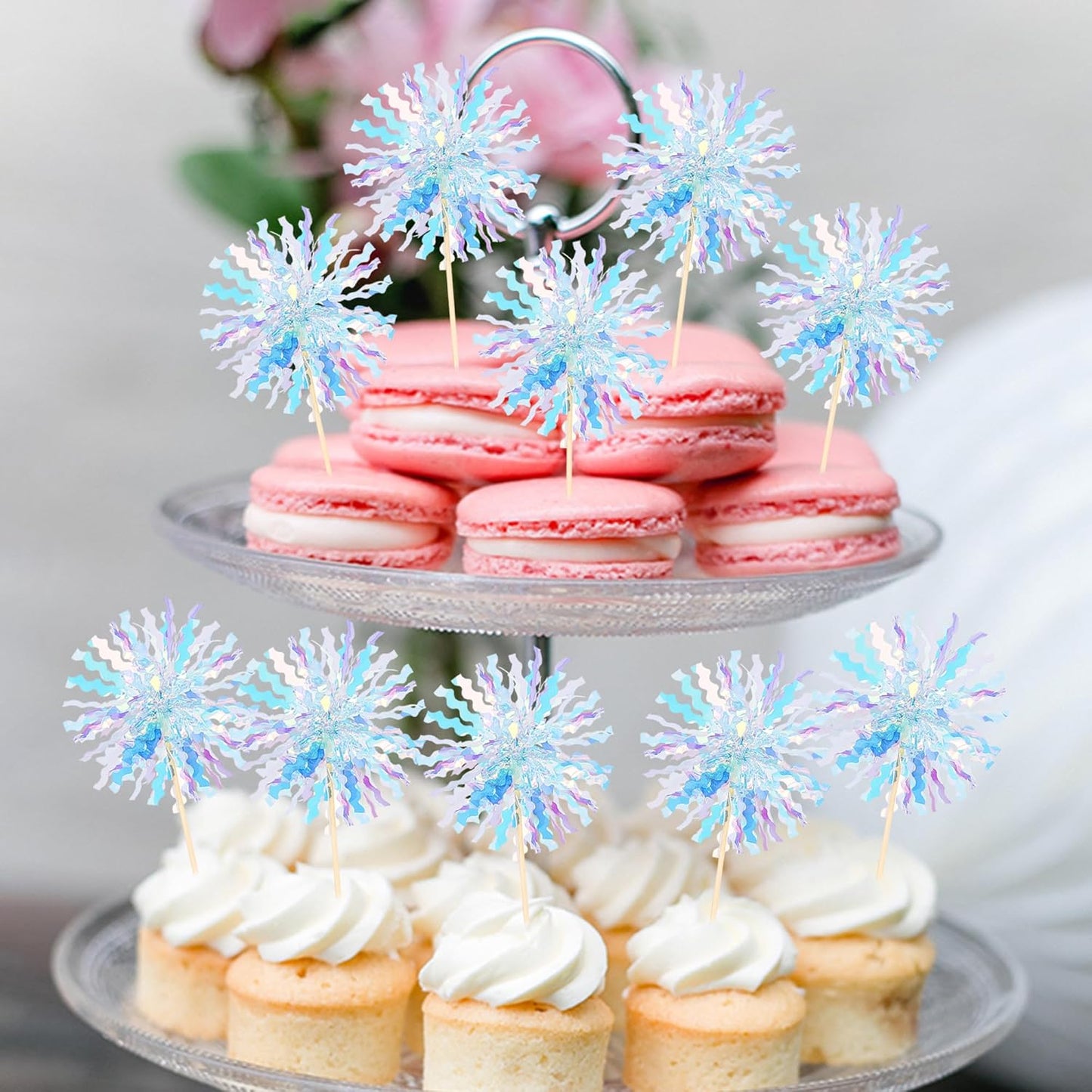 30 PCS Foil Firework Cupcake Toppers Sparkle Tinsel Cupcake Picks Happy Birthday Cake Toppers Drink Stirrers Cocktail Food Fruit Toothpicks for Baby Shower Wedding Party Decorations Supplies Blue