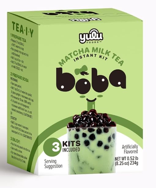 Matcha Latte Instant Bubble Pearl Matcha Milk Tea Kit with Authentic Brown Sugar Tapioca Pearls, Ready in Under One Minute, Paper Straws Included – 3 Servings Yulu Foods