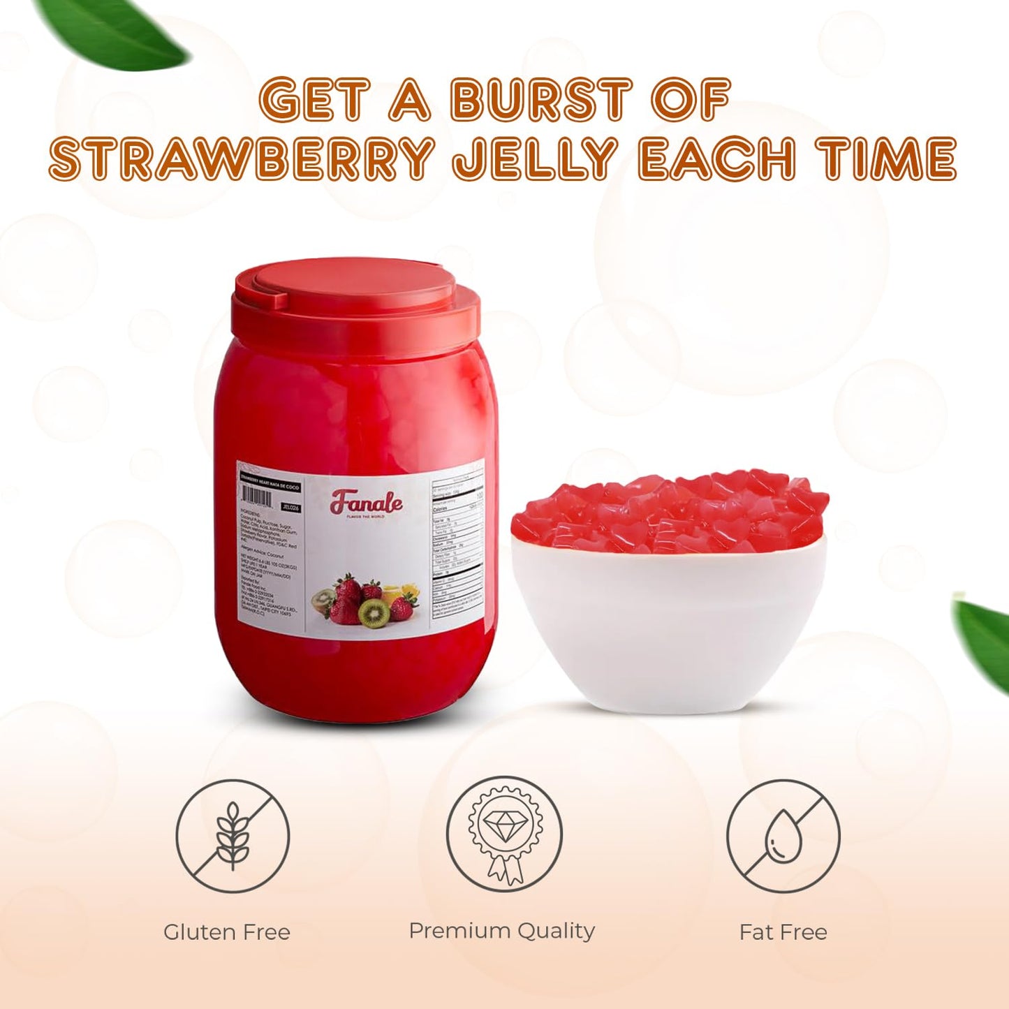 Fanale Coconut Jelly Topping nata de coco for Boba Tea | Ice Cream | Yogurt | Smoothie | Milk Tea | Desserts Strawberry Heart Shaped, 6.6 pound (Pack of 4) | JEL026-CS