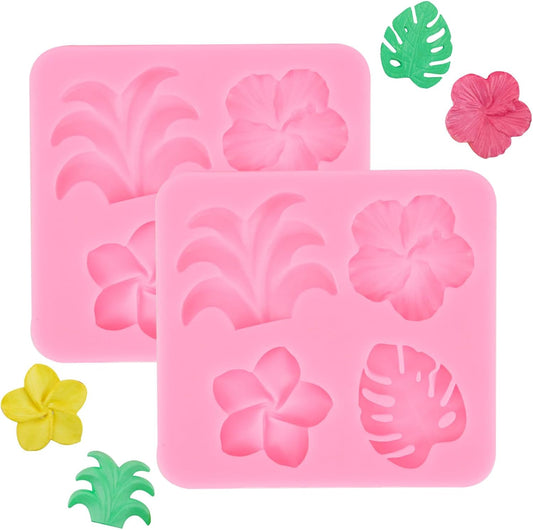 2 Pcs Tropical Flowers and Leaves Silicone Mold Set Plumeria,Hibiscus,Monstera Leaf for Diy Chocolate,Candy,Gummy Molds,Fondant,Cupcake Topper,Hawaiian Party Decoration(Pink) - cafe - crumble.com