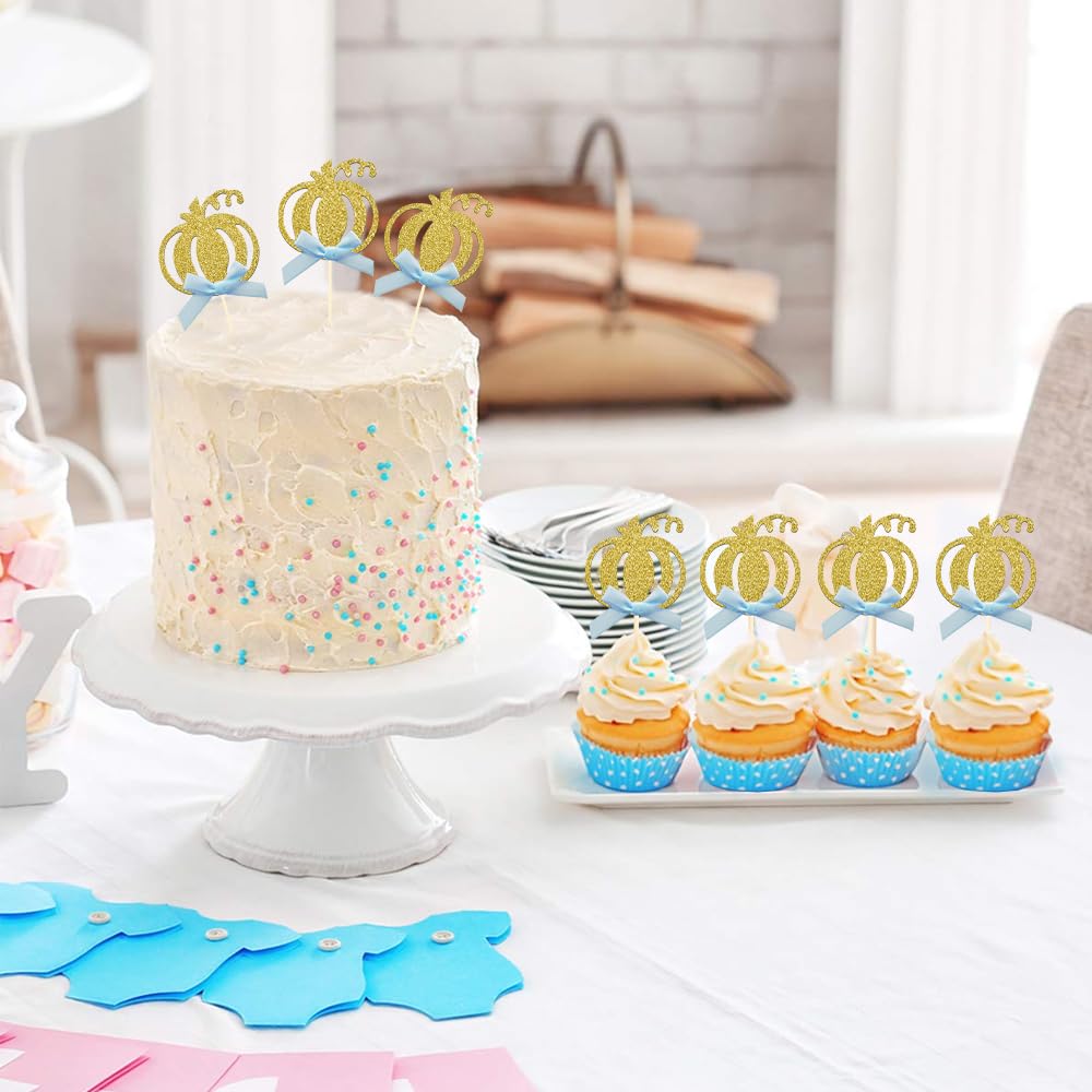 24pcs Pumpkin Cupcake Toppers, Fall Theme Cake Decoration for Baby Shower Party Supplies (Blue Bow)