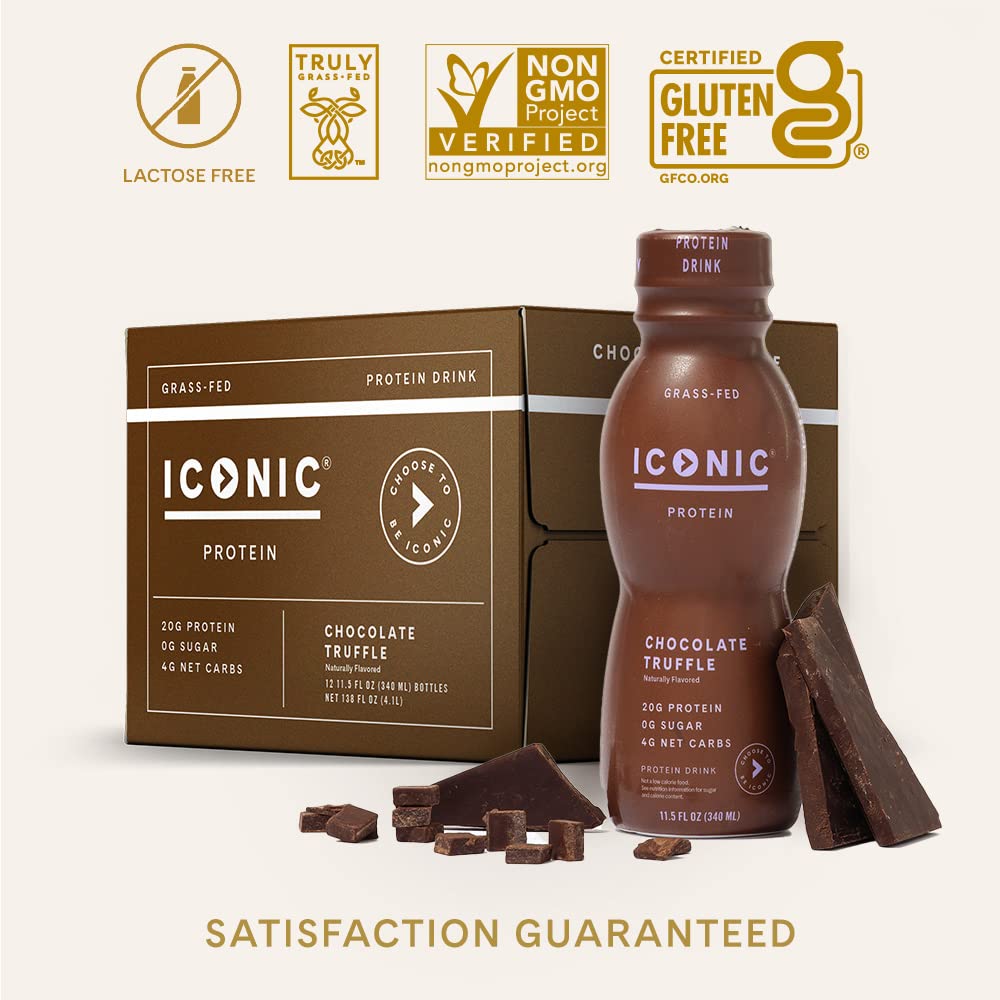 Iconic Protein Drinks, Chocolate Truffle (12 Pack) - Sugar Free & Low Carb - 20g Grass Fed Protein - Lactose Free, Gluten Free, Non-GMO, Kosher - Keto Friendly Protein Shakes