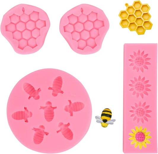 4 Pcs Bumble Bee Silicone Molds Kit with Honeycomb, Bee and Sunflower, Fondant, Chocolate, Cupcake, Cake Decorating, Candy Molds(Pink) - cafe - crumble.com