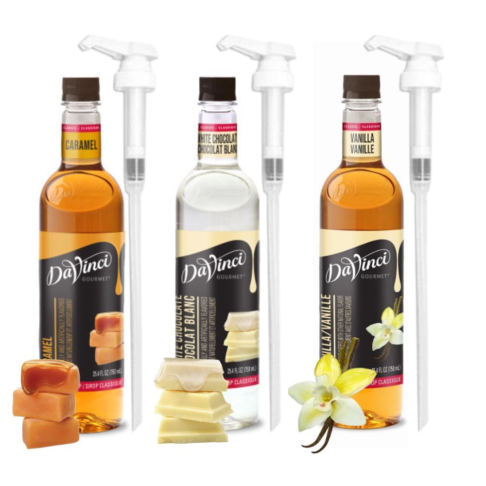 DaVinci Gourmet Classic Syrup Bundle with Caramel, Vanilla, and White Chocolate Flavors 25.4 Fl Oz - Includes 3 Syrup Pumps