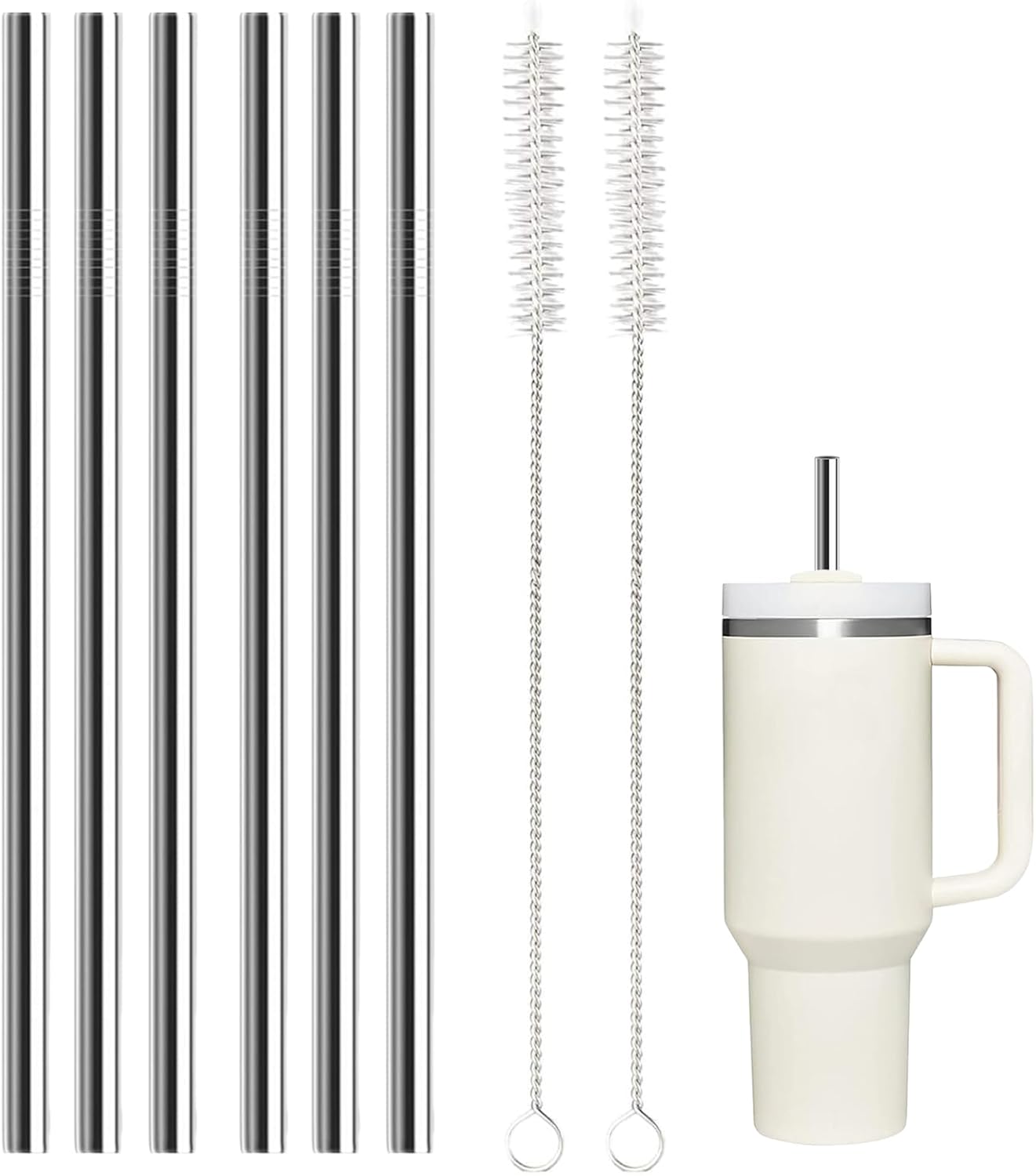 6 Pack Stainless Steel Straw Replacement 40 oz and 30ozfor Stanley Tumbler，6 Straight Reusable Straws with 2 Cleaning Brush Compatible with Stanley 40oz Stanley Cup Tumbler - cafe - crumble.com