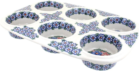 Blue Rose Polish Pottery - Blue Garden Butterfly Muffin Pan - 12" x 8" - Ceramic Baking Dish, 6 - Cup Muffin & Cupcake Pan - cafe - crumble.com