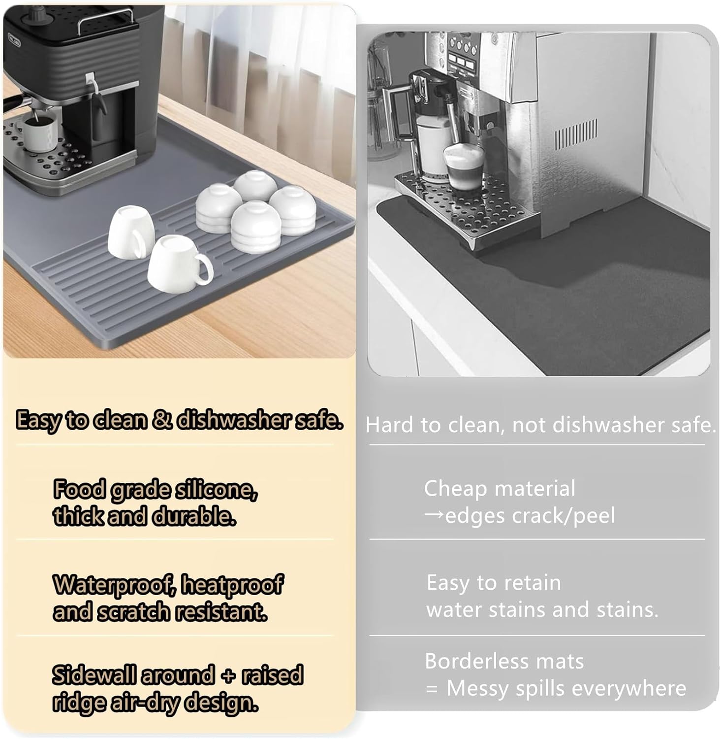 Coffee Bar Mat, Coffee Maker Mat, 24"x16" Silicone Coffee Mat, Spill - Proof, Heat - Resistant, Non - Slip, Fits Under Coffee Maker & Dish Rack (Gray, 24"x16") - cafe - crumble.com