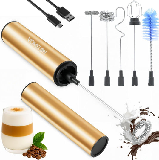 Rechargeable Milk Frother Handheld Electric Frother Wand Milk Foamer Drink Mixer for Coffee, Lattes, Cappuccino, and Egg, Stainless Steel for Travel - Golden - cafe - crumble.com