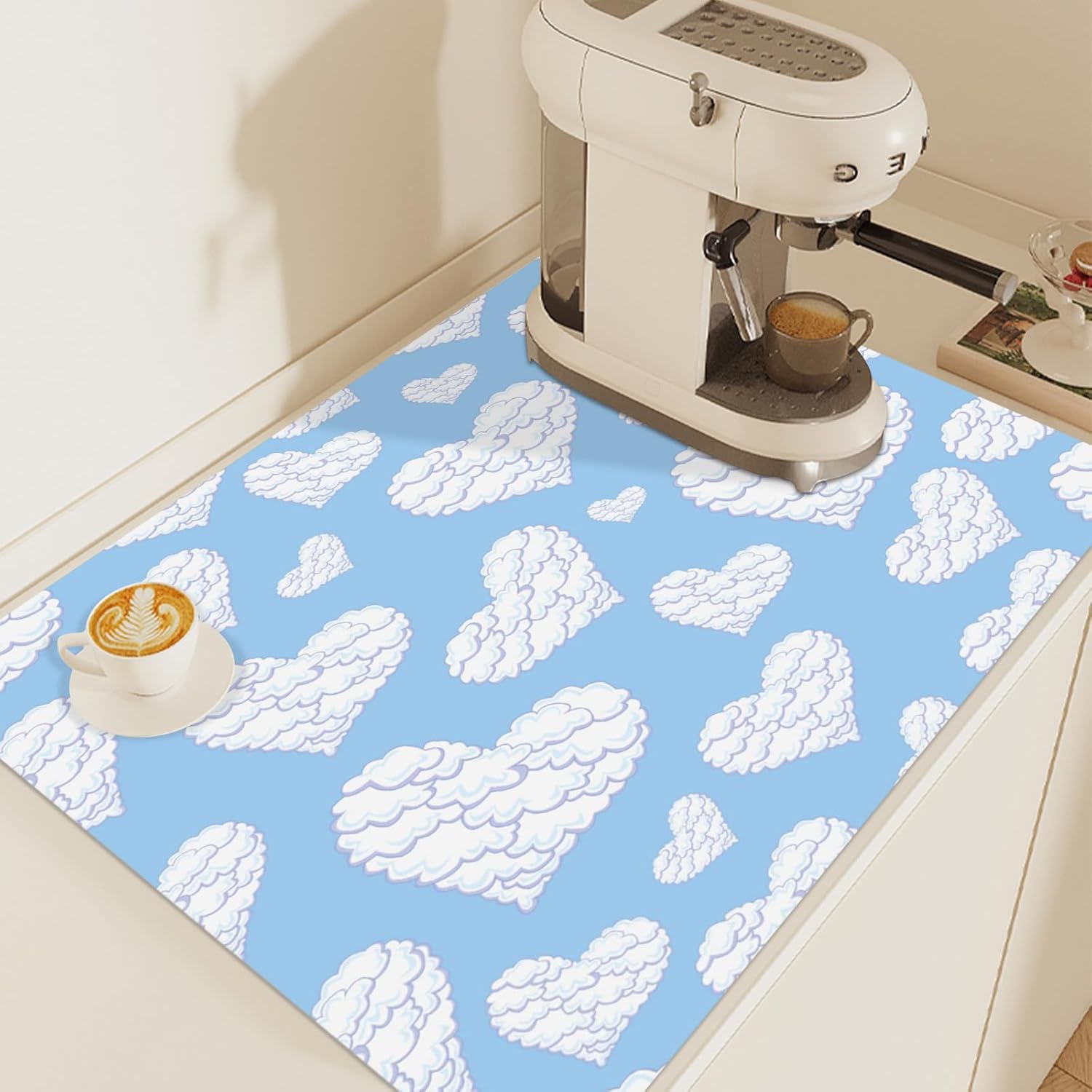 Valentine's Day Heart Blue Dish Drying Mat for Kitchen Counter, 23.6"x19.7" Coffee Bar, Super Absorbent Dish Drying Pad with Non - slip Rubber Backed, Quick Drying Mat for Coffee Machine - cafe - crumble.com
