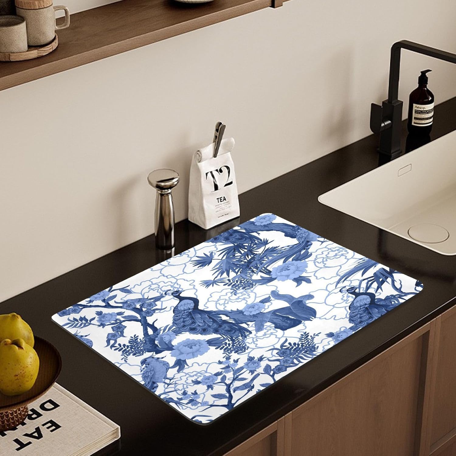 Dish Drying Mat for Kitchen Counter,Blue Peacocks Birds Dish Drying Pad with Non - slip Rubber Backed 19.7"x15.7" Hide Stain Anti Absorbent for Kitchen Counter, Drying Mat for Coffee Machine - cafe - crumble.com