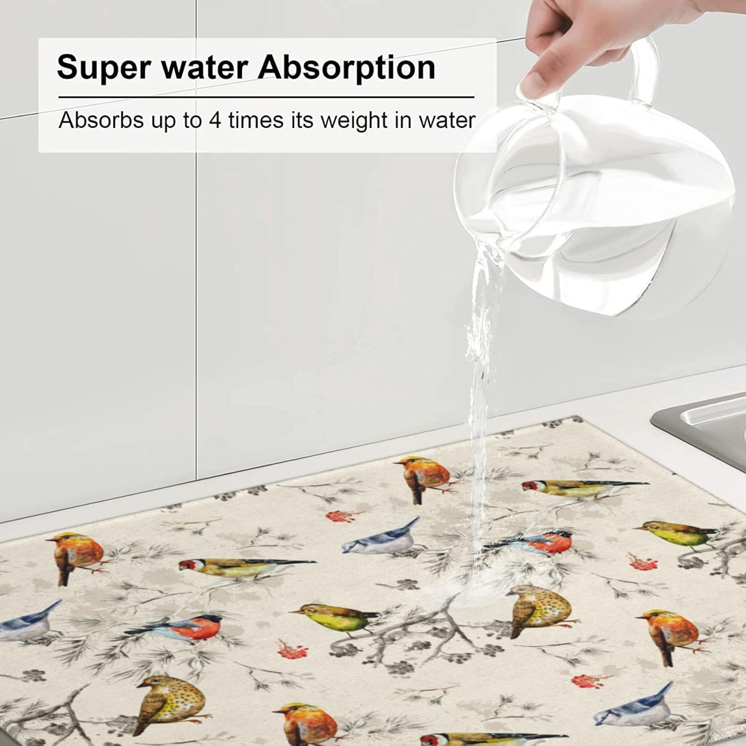 Spring Birds Dish Drying Mat Chinoiserie Watercolor Floral Branch Colorful Bird Microfiber Absorbent Drying Mats Reversible Kitchen Countertop Protector Dishes Drainer Rack Pad 18x24 Inch - cafe - crumble.com