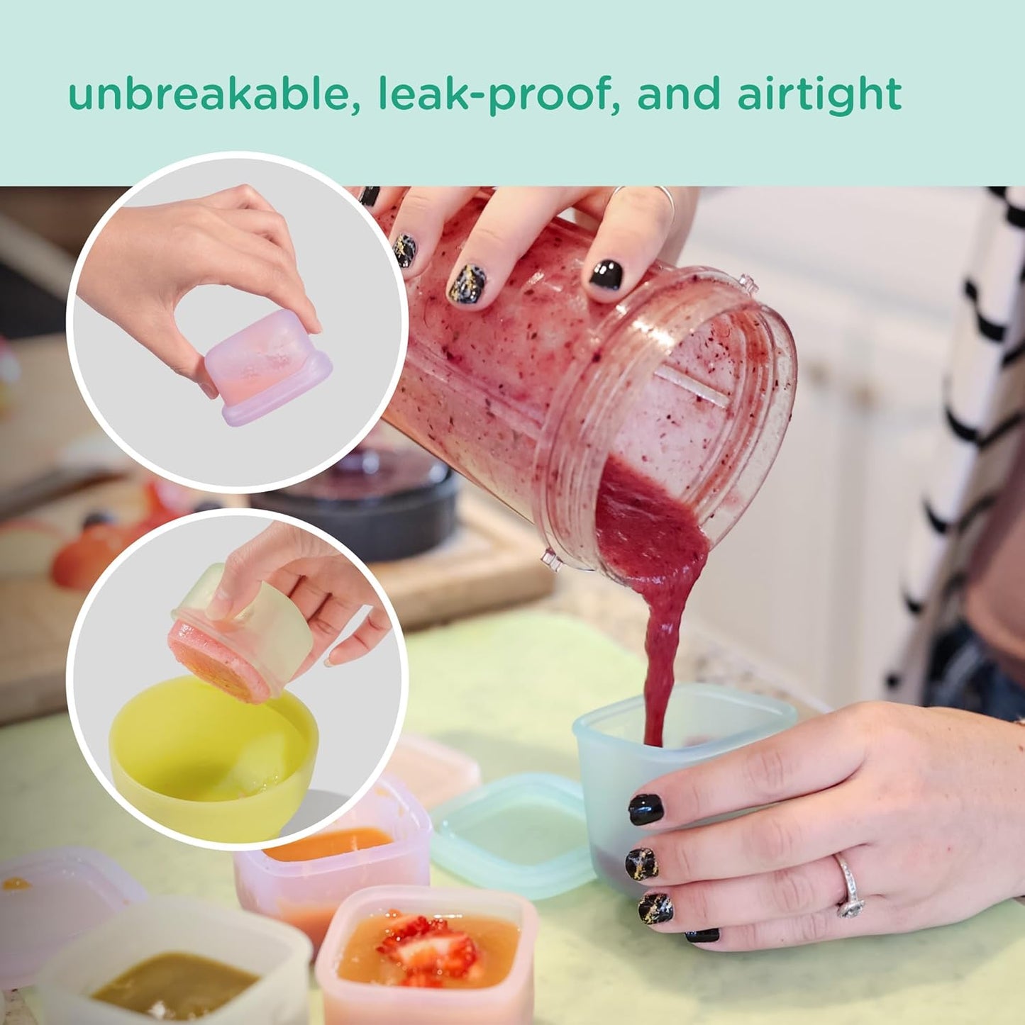 Olababy Clear Sense Silicone Storage Containers 4pk for Baby Food, Snacks, Formula, Puree, Sauce & More | Micro Plastic & BPA-Free | Daycare Essentials for Toddlers and Kids (Mint, 2 oz / 60 ml)