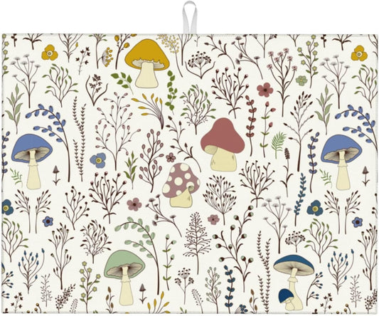 Cute Mushrooms Wild Plant Dish Drying Mat 18"x24" Microfiber Absorbent Fast Dry Mat for Kitchen Counter Coffee Bar Colored Mushroom Large Drying Mat Kitchen Decor Gifts - cafe - crumble.com