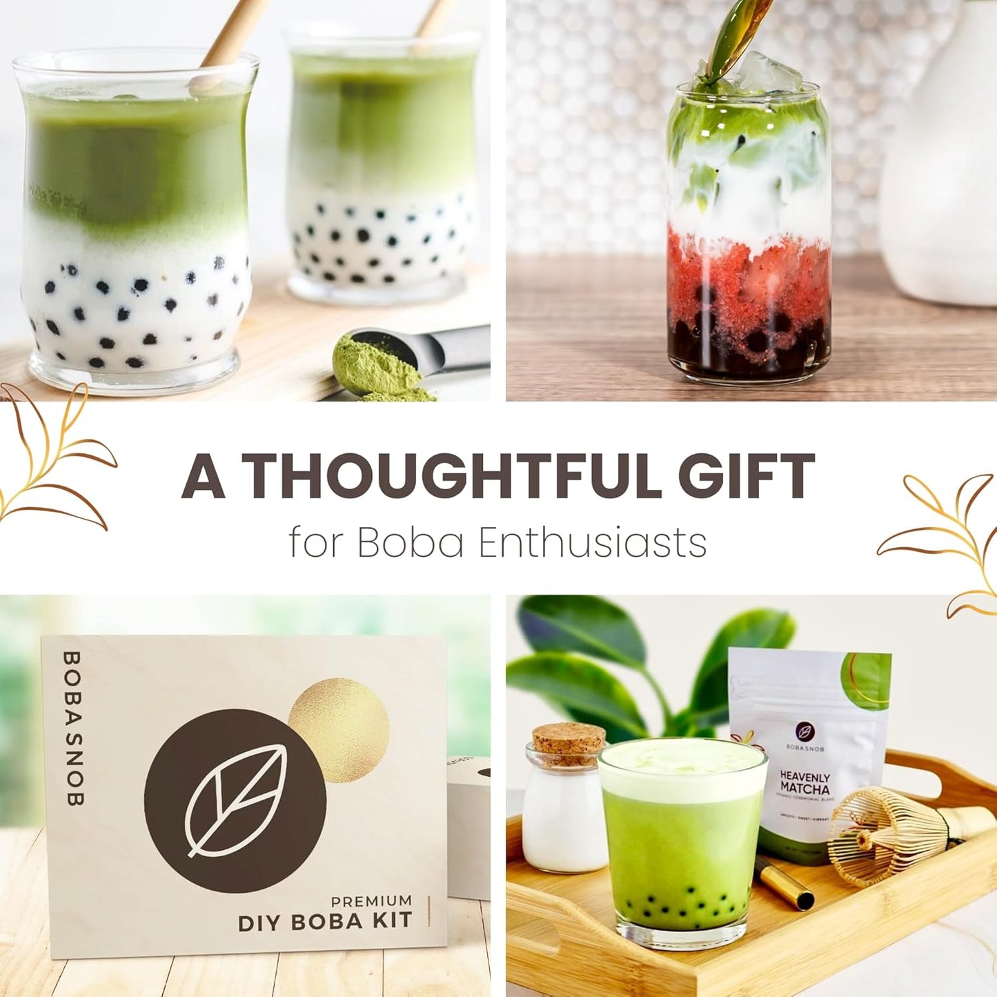 Boba Snob Boba Tea Maker Kit with Organic Ceremonial Tea, Tumbler, Two Stainless Steel Straws, Bamboo Whisk, Teaspoon, and Tapioca Pearls (Small Matcha)