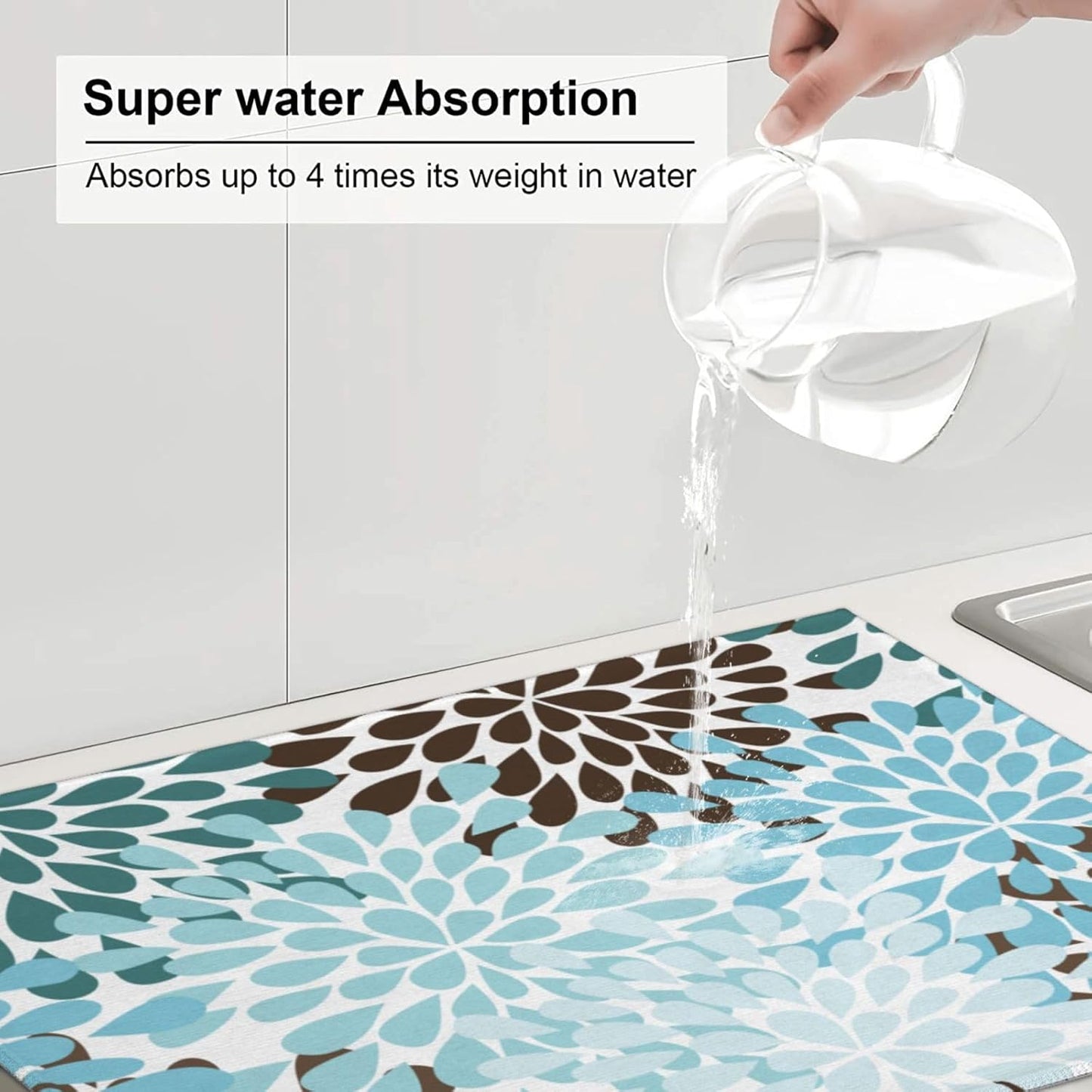 Blue Gray Dahlia Flowers Dish Drying Mat 18x24 inch for Kitchen Spring Floral Dishes Pad Dish Drainer Rack Mats Absorbent Fast Dry Kitchen Accessories - cafe - crumble.com