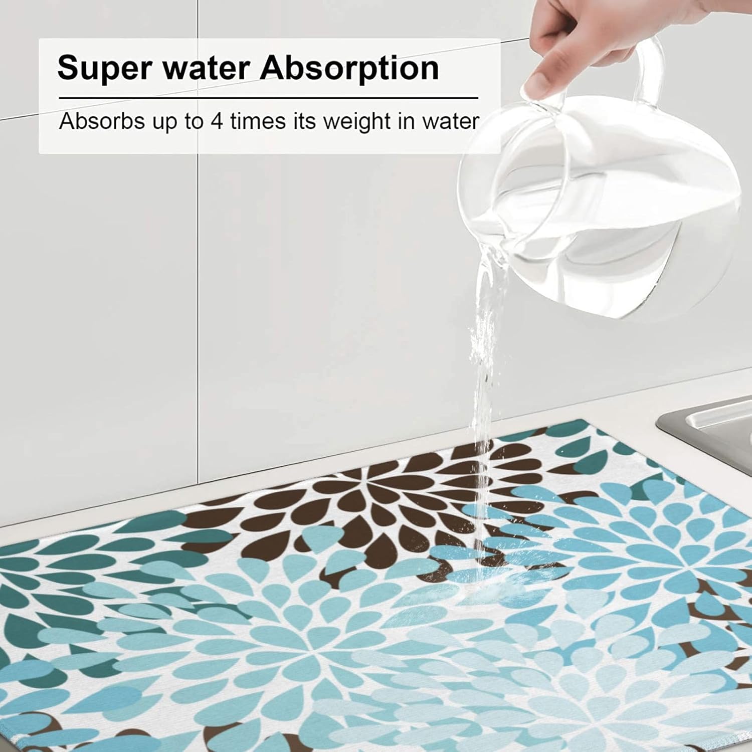 Blue Gray Dahlia Flowers Dish Drying Mat 18x24 inch for Kitchen Spring Floral Dishes Pad Dish Drainer Rack Mats Absorbent Fast Dry Kitchen Accessories - cafe - crumble.com