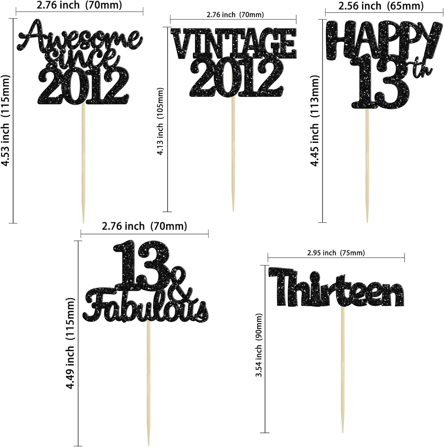 Gyufise 30Pcs Vintage 2012 Cupcake Toppers Glitter Thirteen Happy 13th Cupcake Picks Happy 13th Birthday Cake Decorations for Happy 13th Birthday Anniversary Party Supplies Black