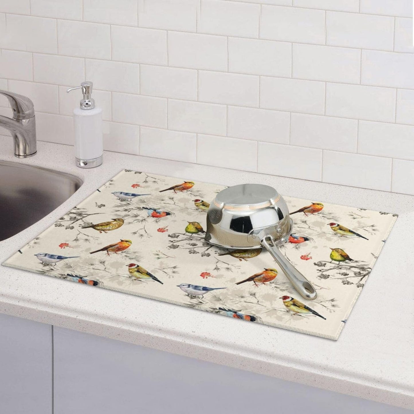 Spring Birds Dish Drying Mat Chinoiserie Watercolor Floral Branch Colorful Bird Microfiber Absorbent Drying Mats Reversible Kitchen Countertop Protector Dishes Drainer Rack Pad 18x24 Inch - cafe - crumble.com