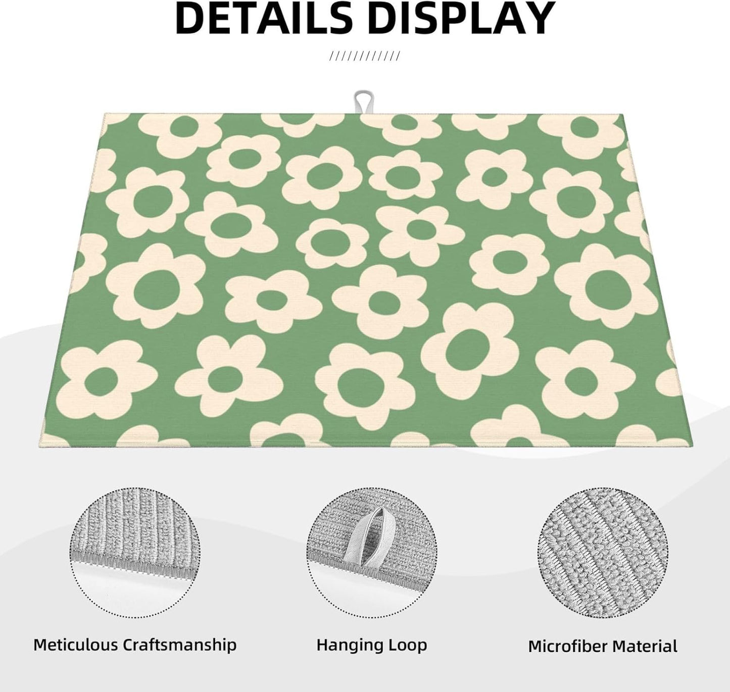 Floral Kitchen Dish Drying Mat for Dishes 18x24 Inch Vintage Groovy Flowers Drying Mat White Daisy Dish Drainer Mat Super Absorbent Dish Rack Pad for Coffee Bar Sinks(Green) - cafe - crumble.com