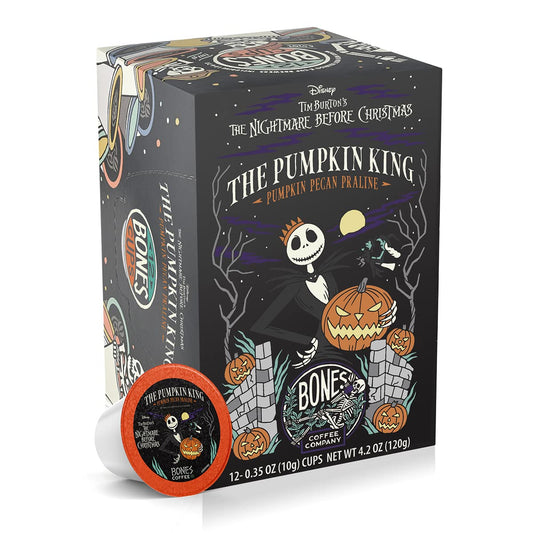 Bones Coffee Company Pumpkin King, Pumpkin Pecan Praline Flavored Coffee Pods, Low Acid Medium Roast Single-Serve Bones Cups for K-Cups Coffee Maker from The Nightmare Before Christmas, 12 Count