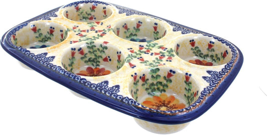Blue Rose Polish Pottery - Orange Autumn Burst Muffin Pan - 12" x 8" - Ceramic Baking Dish, 6 - Cup Muffin & Cupcake Pan - cafe - crumble.com
