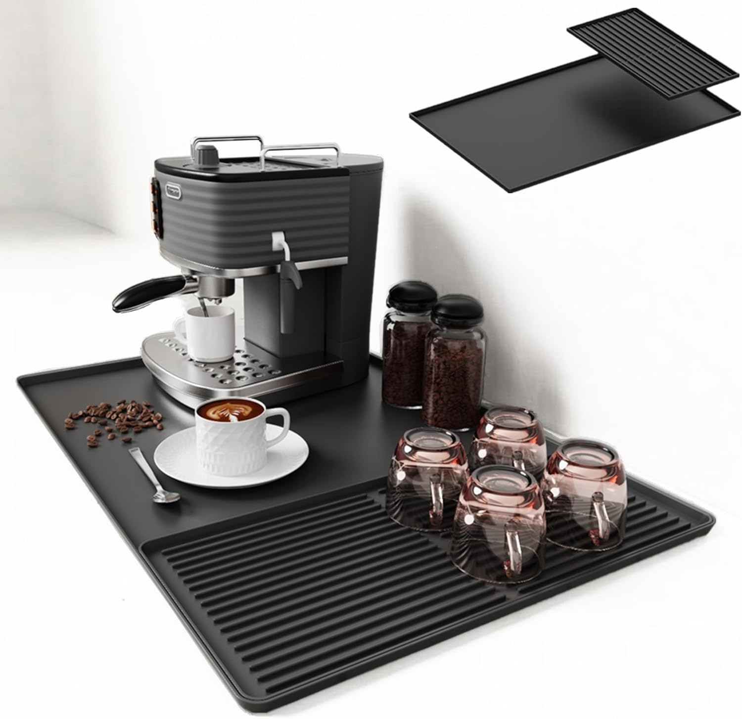 Coffee Bar Mat, Coffee Maker Mat, 24"x16" Silicone Coffee Mat, Spill - Proof, Non - Slip, Heat - Resistant, Fits Under Coffee Maker & Dish Rack (Black, 24"x16") - cafe - crumble.com