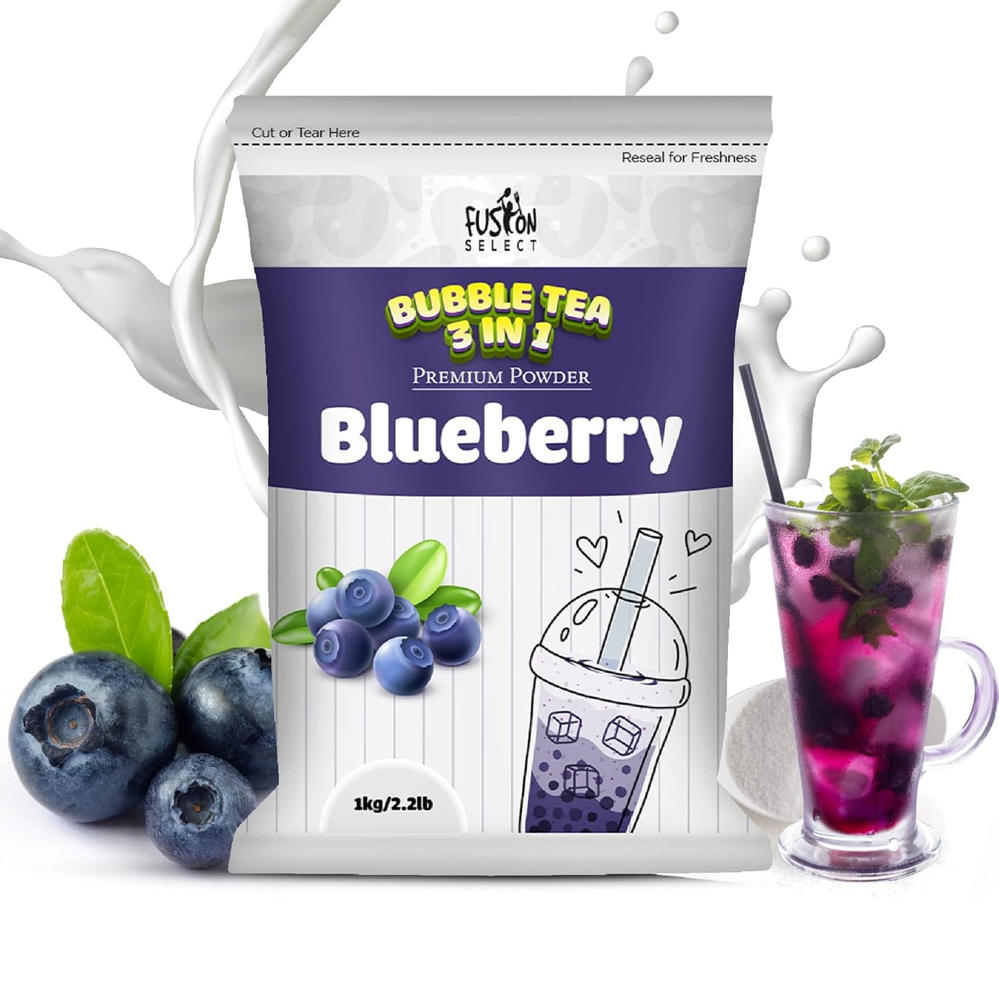 Fusion Select 2.2lb Tea Powder Blueberry Tea Flavored-3-in-1 Drink Powder with Cream & Sugar - Instant Pre-Mixed Beverage for Hot or Cold Blends or Yummy Frappes
