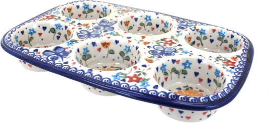 Blue Rose Polish Pottery - Yellow Butterfly Muffin Pan - 12" x 8" - Ceramic Baking Dish, 6 - Cup Muffin & Cupcake Pan - cafe - crumble.com