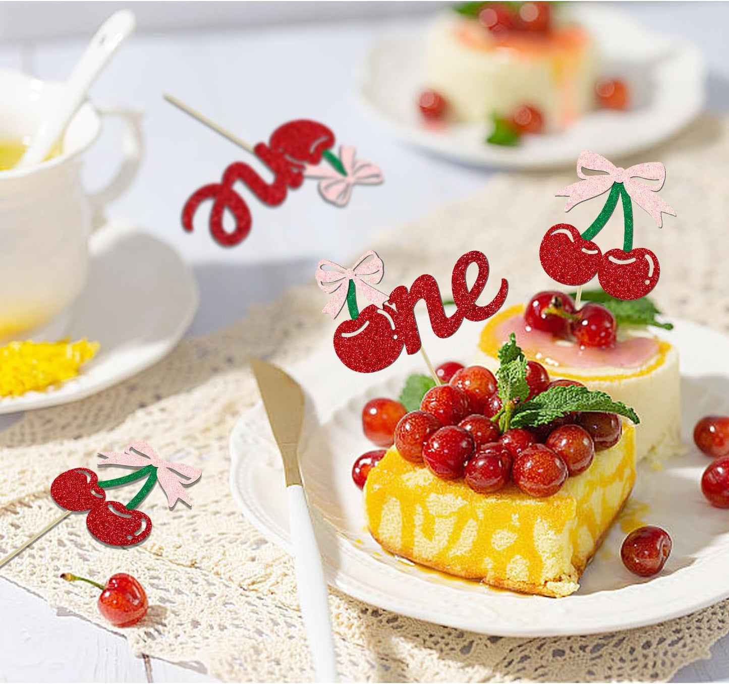 24 Pack Cherry 1st Birthday Cupcake Toppers, Glitter Cherry First Birthday Cake Pick for Fruits Theme One Birthday Party Cake Decorations Supplies (One)