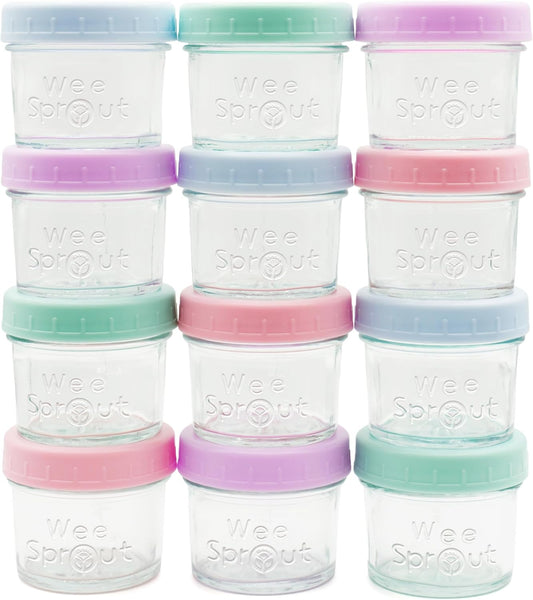 WeeSprout Baby Food Storage Glass Jars w/Lids (4 oz, 12 Pack) Pastel Variety, Snack, Reusable Small Containers, Fridge or Freezer, Microwave & Dishwasher Safe, Essentials for Infants
