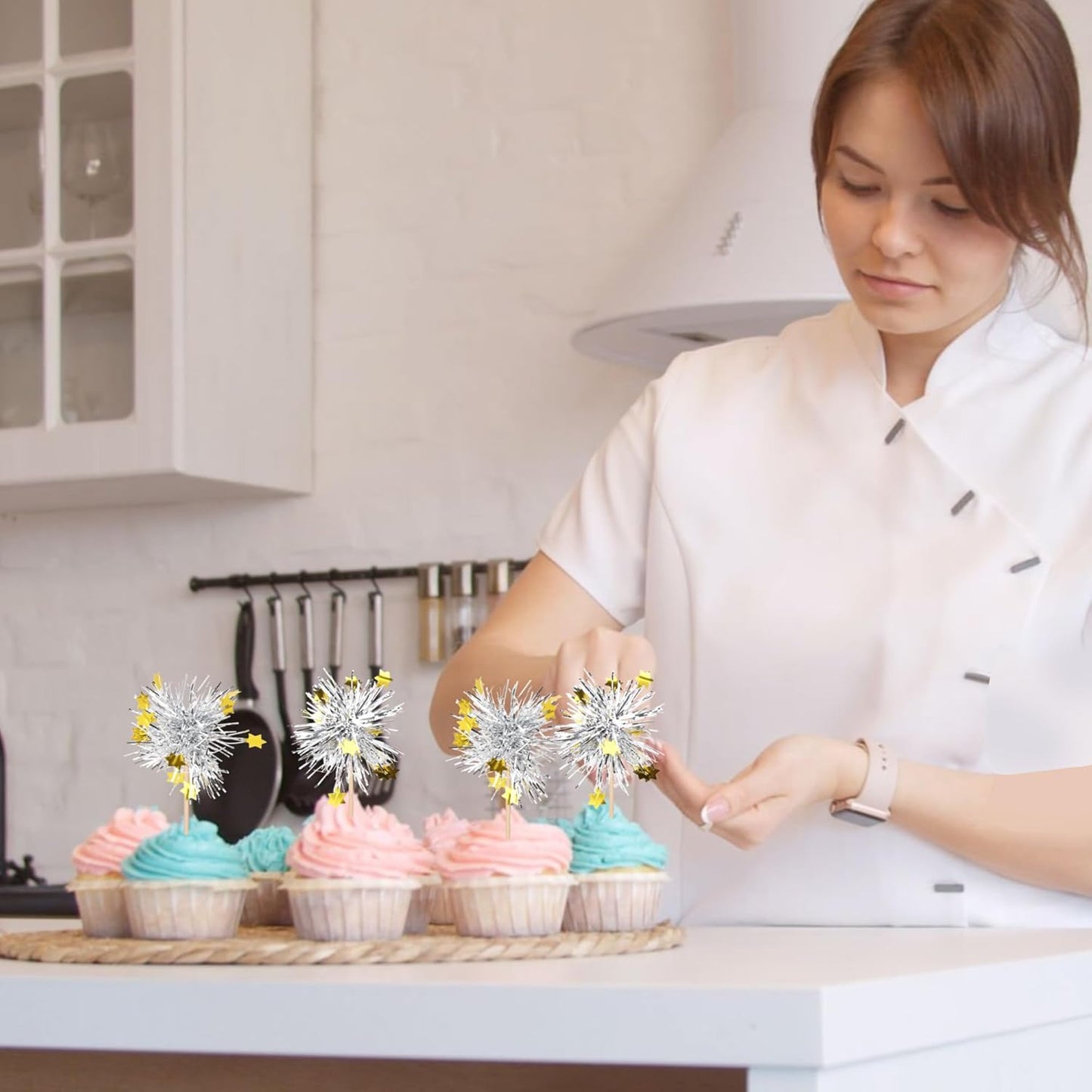 30 PCS Foil Firework Cupcake Toppers Happy Birthday Star Cupcake Picks Sparkle Tinsel Drink Stirrers Cocktail Fruit Toothpicks for Valentine's Day Wedding Birthday Party Decorations Supplies Silver