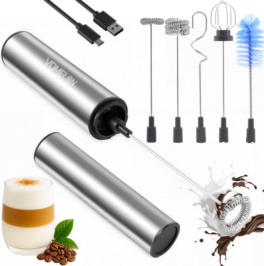Rechargeable Milk Frother Handheld Electric Frother Wand Milk Foamer Drink Mixer for Coffee, Lattes, Cappuccino, and Egg, Stainless Steel for Travel - Silver - cafe - crumble.com