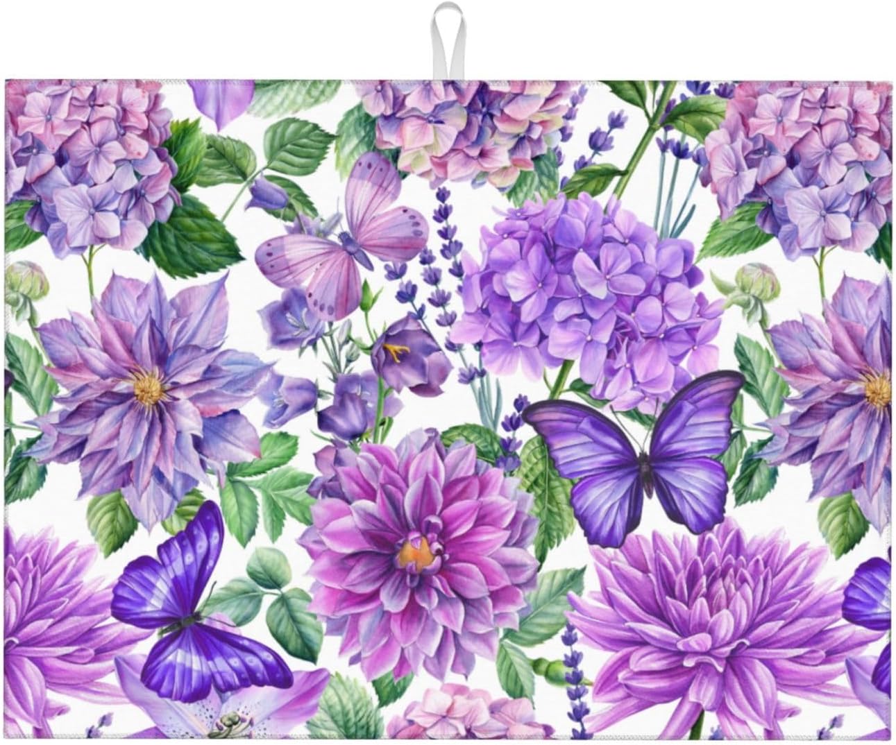 Purple Hydrangea Flowers Dish Drying Mat,Butterfly Floral Drying Rack Pad Countertop Dishes Ultra Absorbent Microfiber Kitchen Counter Mat for Coffee Countertop Decor 18x24 Inch - cafe - crumble.com
