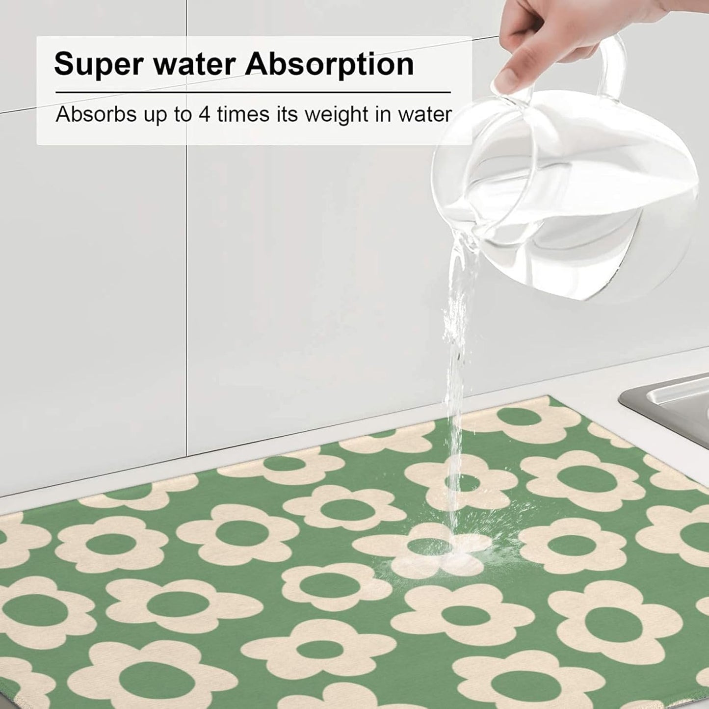 Floral Kitchen Dish Drying Mat for Dishes 18x24 Inch Vintage Groovy Flowers Drying Mat White Daisy Dish Drainer Mat Super Absorbent Dish Rack Pad for Coffee Bar Sinks(Green) - cafe - crumble.com